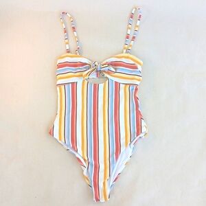 MinkPink Paradise One Piece Swimsuit Multi Stripe Ribbed Cutout Knot Front Small
